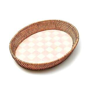 NEW Mackenzie-Childs Rosy Check Large Enamel & Rattan Serving Tray 11x15